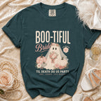 Dark teal t-shirt with "Boo-tiful Bride, Til Death Do Us Party" text and ghost design.