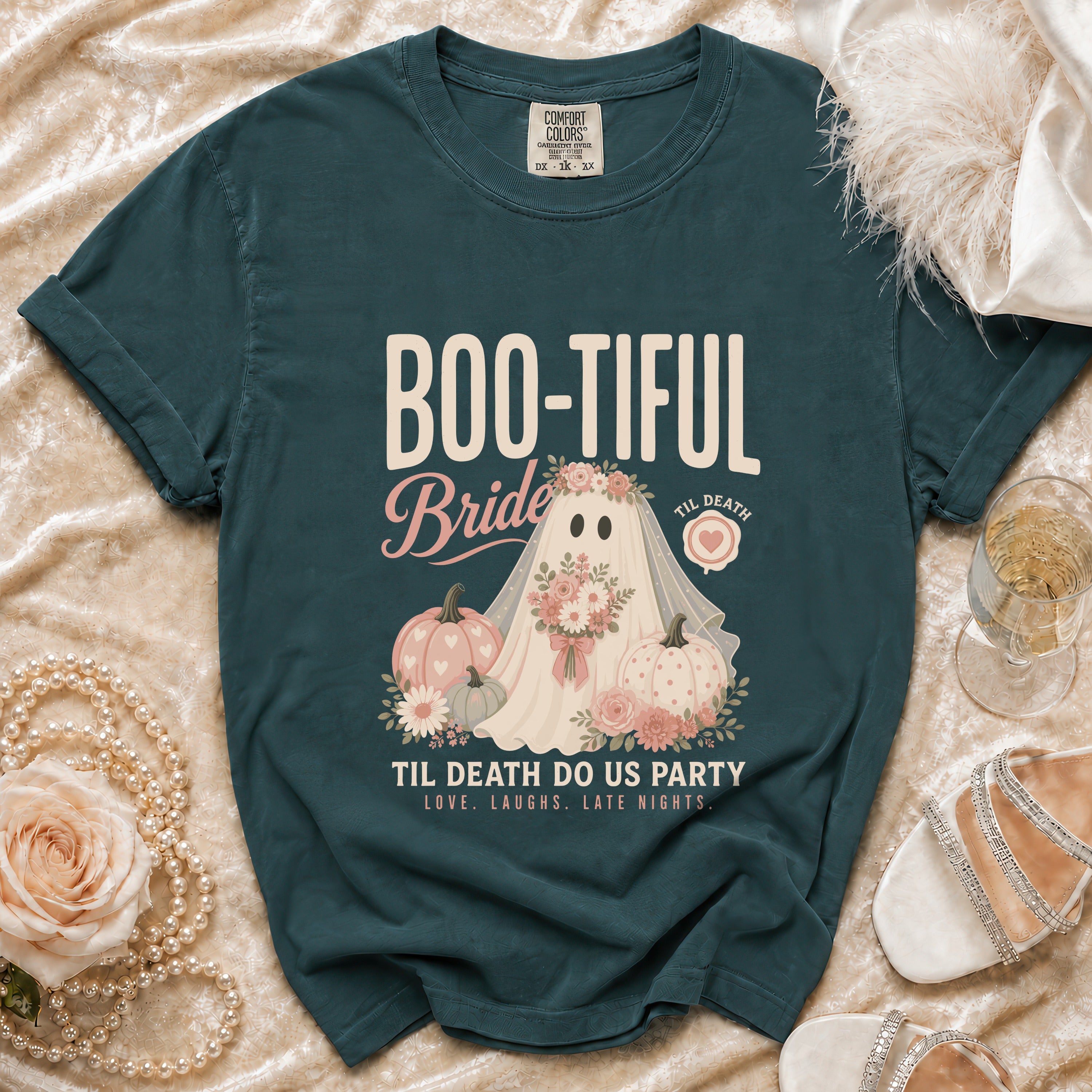 Dark teal t-shirt with "Boo-tiful Bride, Til Death Do Us Party" text and ghost design.