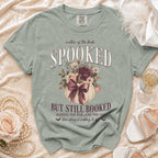 Green t-shirt with "mother of the bride SPOOKED" and a pumpkin design.