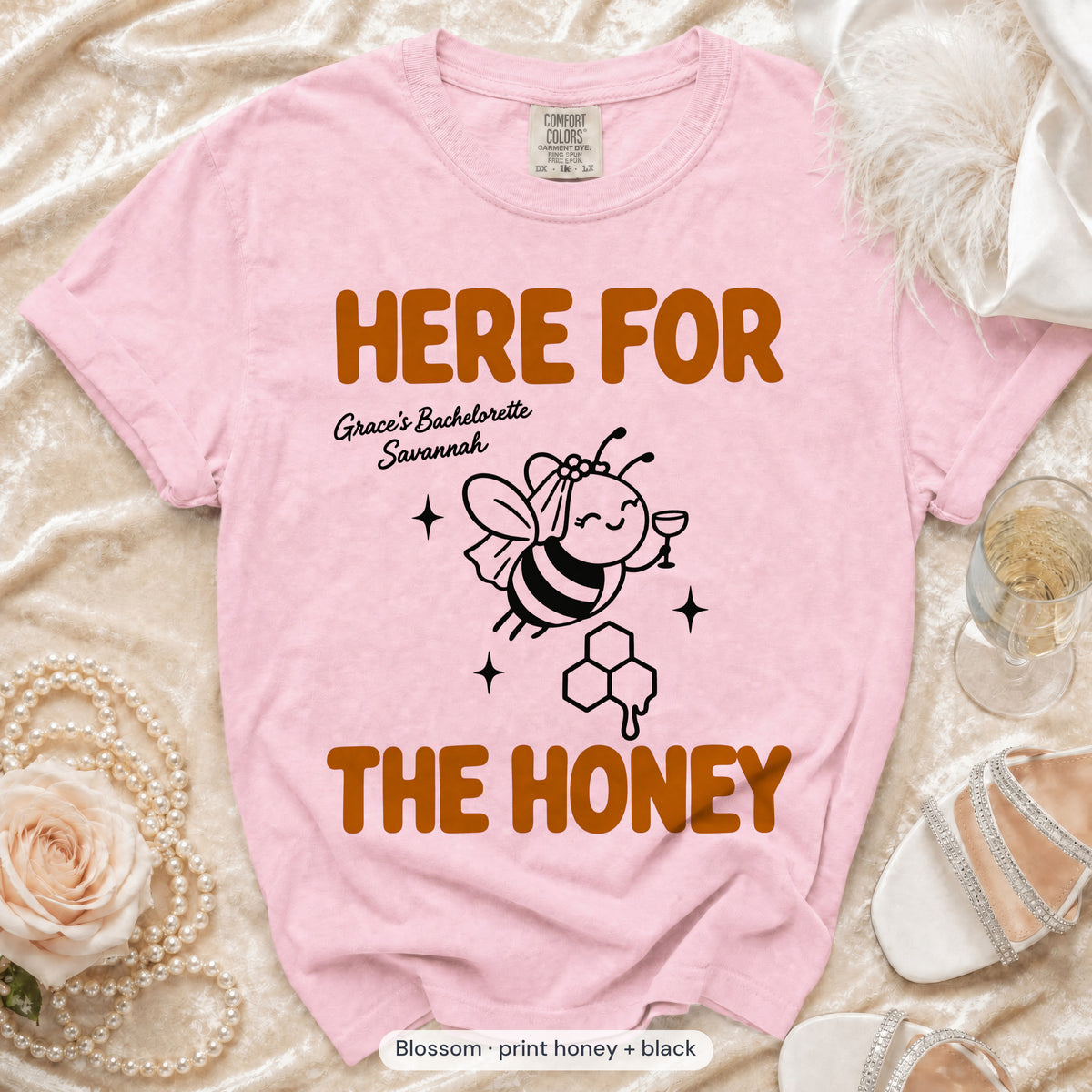 Blossom Bride To Bee & Here For The Honey bachelorette crew t-shirt