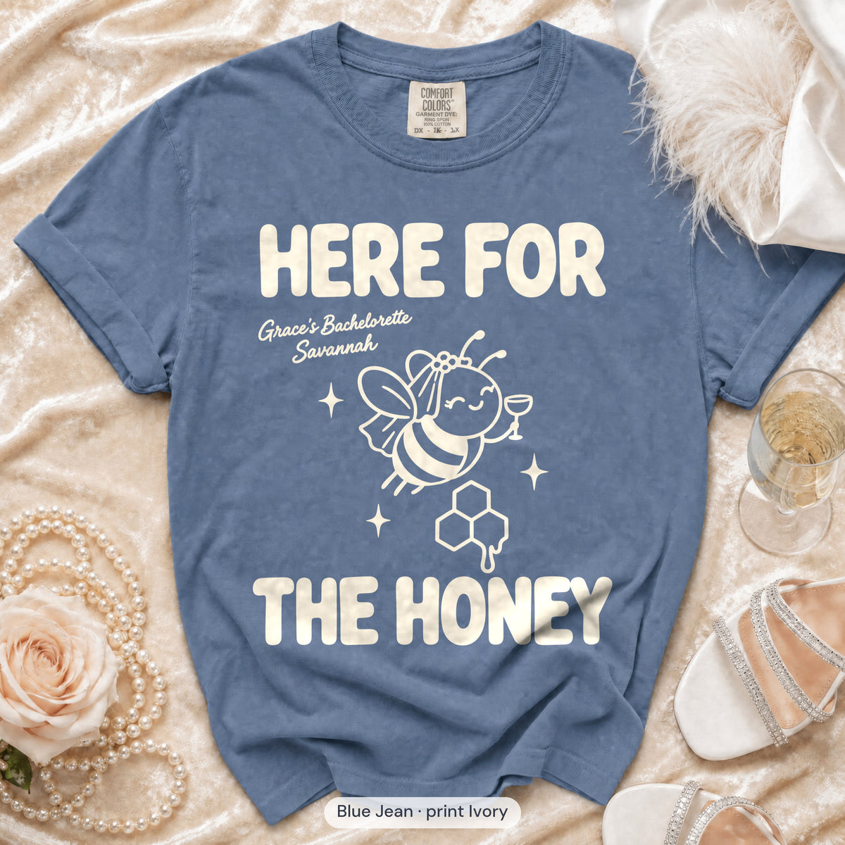 Blue Jean Bride To Bee & Here For The Honey bachelorette crew t-shirt