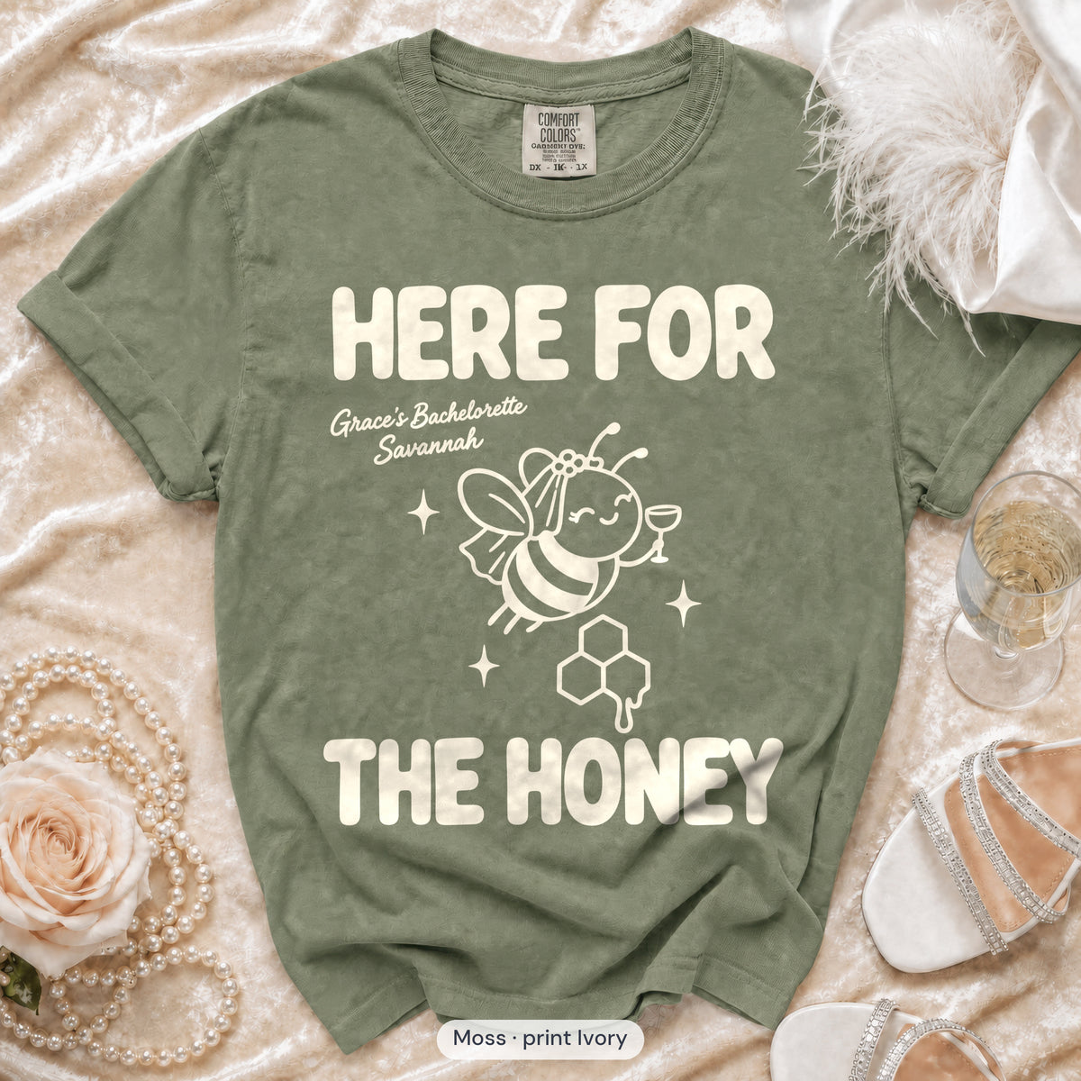Moss Bride To Bee & Here For The Honey bachelorette crew t-shirt