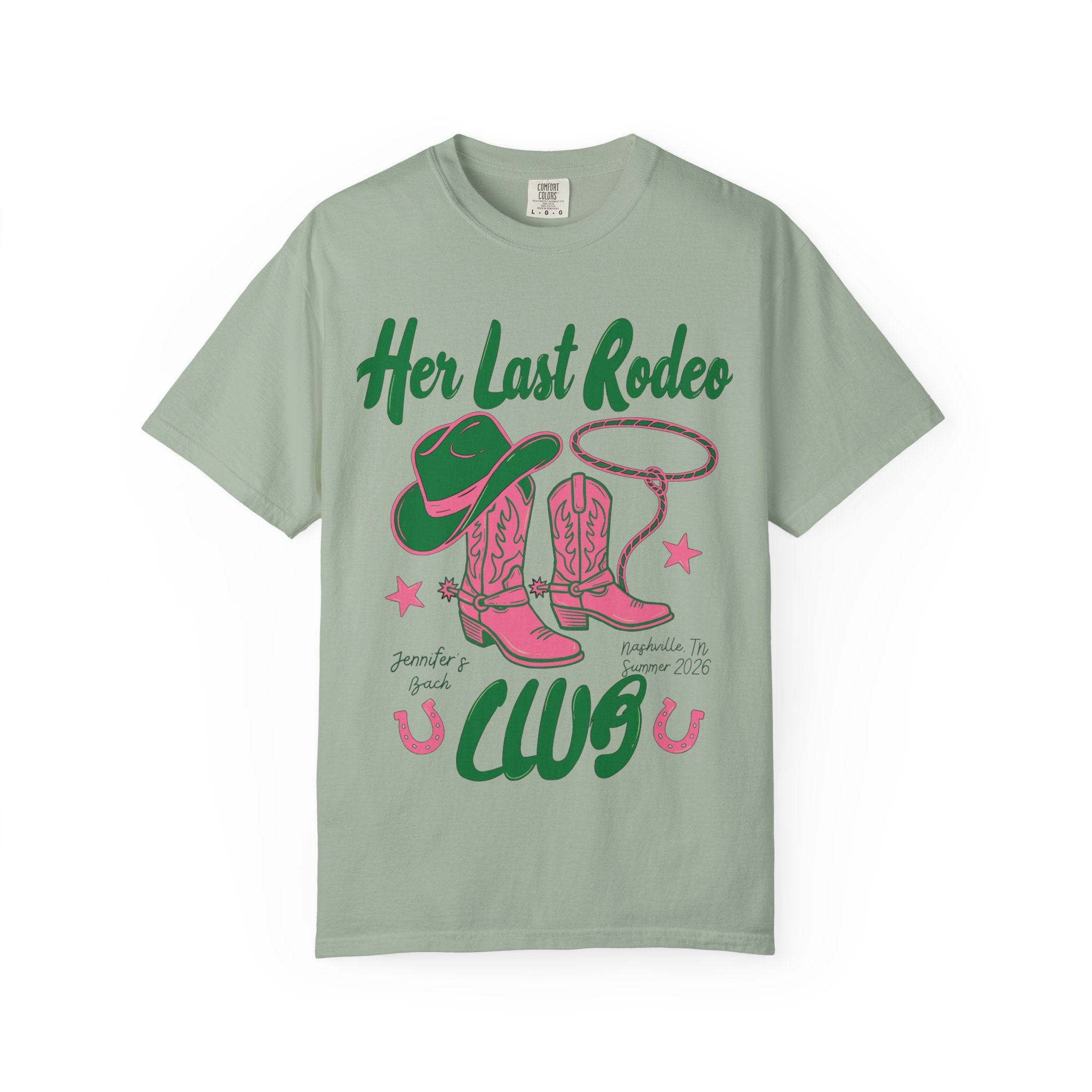T-shirt with "Her Last Rodeo" text, cowboy boots, hat, and lasso.