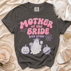 Dark grey t-shirt with pink "Mother of the Bride" text and Halloween-themed ghost design.