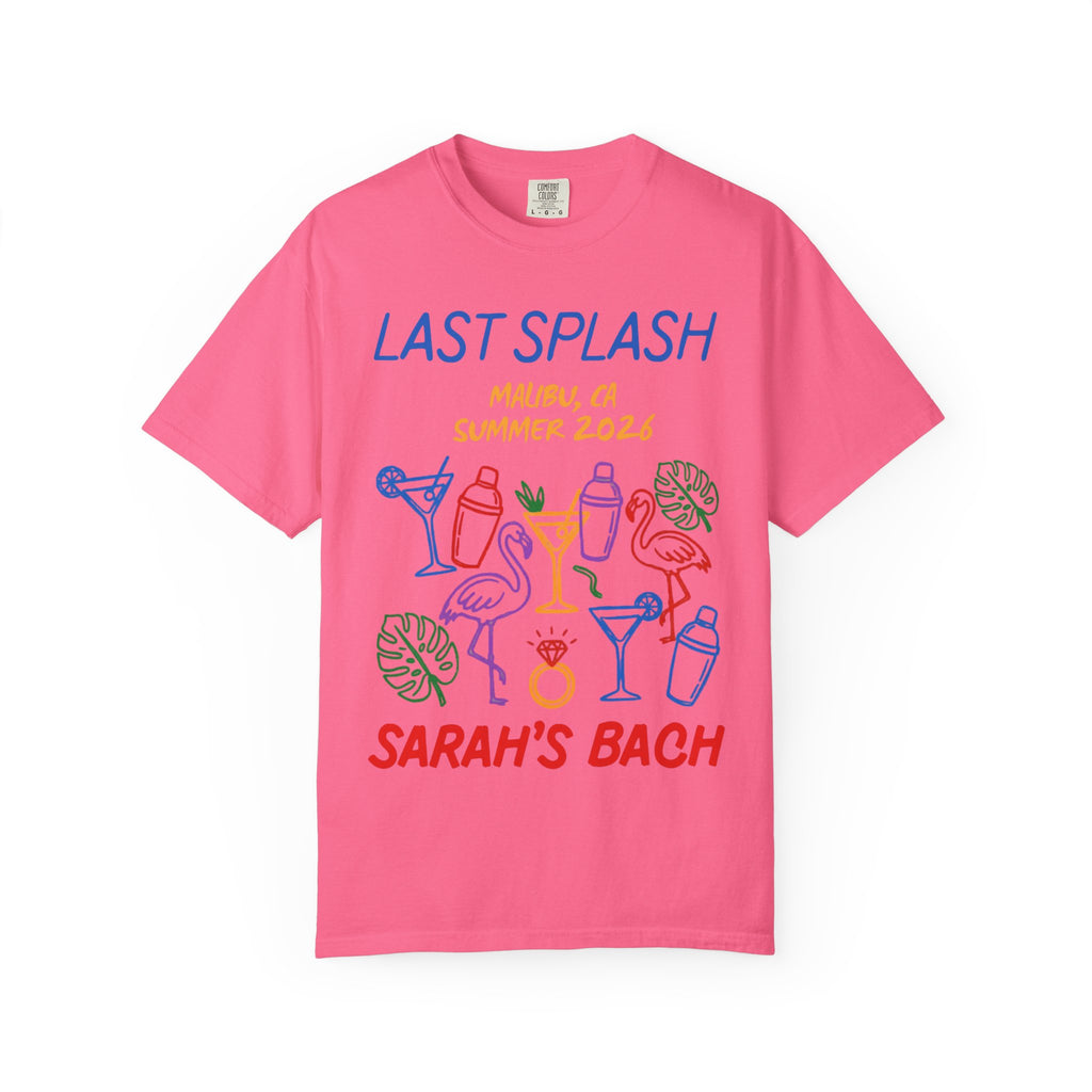 Pink t-shirt with "Last Splash Sarah's Bach" and colorful beach-themed graphics.