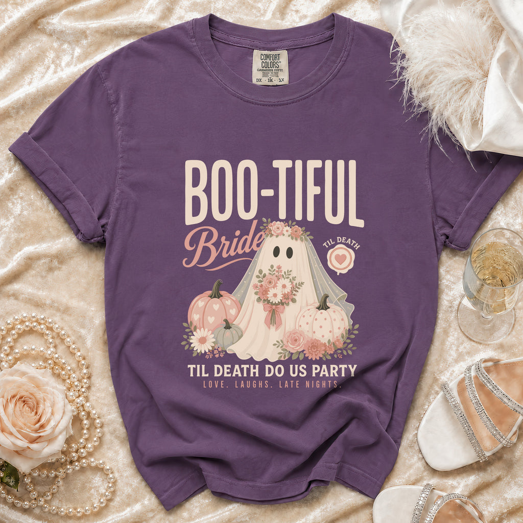 Purple t-shirt with "Boo-tiful Bride" and ghost design.