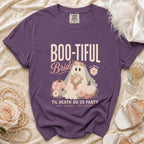Purple t-shirt with "Boo-tiful Bride" and ghost design.