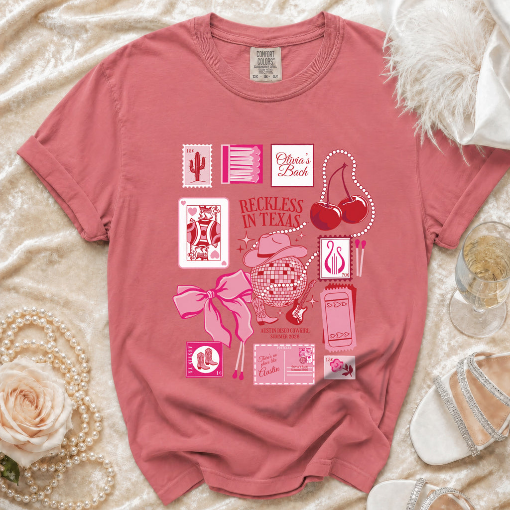 T-shirt with "Reckless in Texas" and "Olivia's Bach" designs.