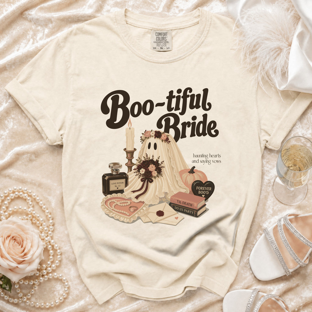"Boo-tiful Bride" ghost graphic on a cream t-shirt with spooky wedding items.