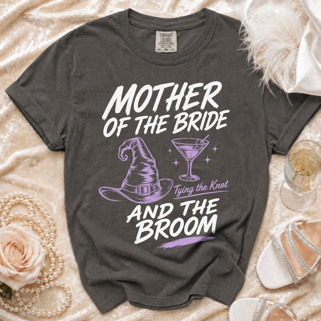 Dark grey t-shirt with "Mother of the Bride Tying the Knot And the Broom" text.