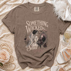 T-shirt with "Something Wicked Said I Do" text, skeleton bride, and castle.