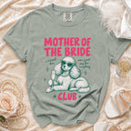 Mother of the Bride Club tee with poodle illustration and champagne glass graphic.