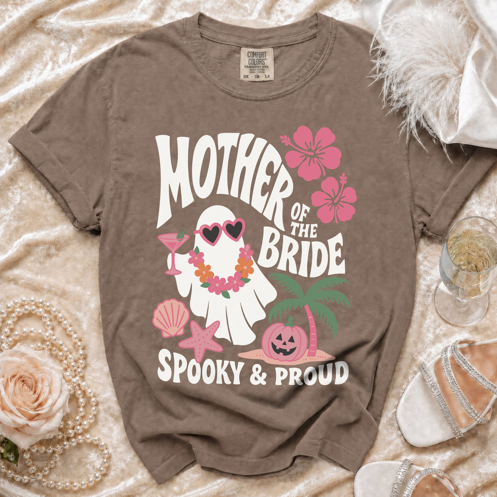 Brown t-shirt with "Mother of the Bride Spooky & Proud" graphic featuring a ghost and pumpkin.