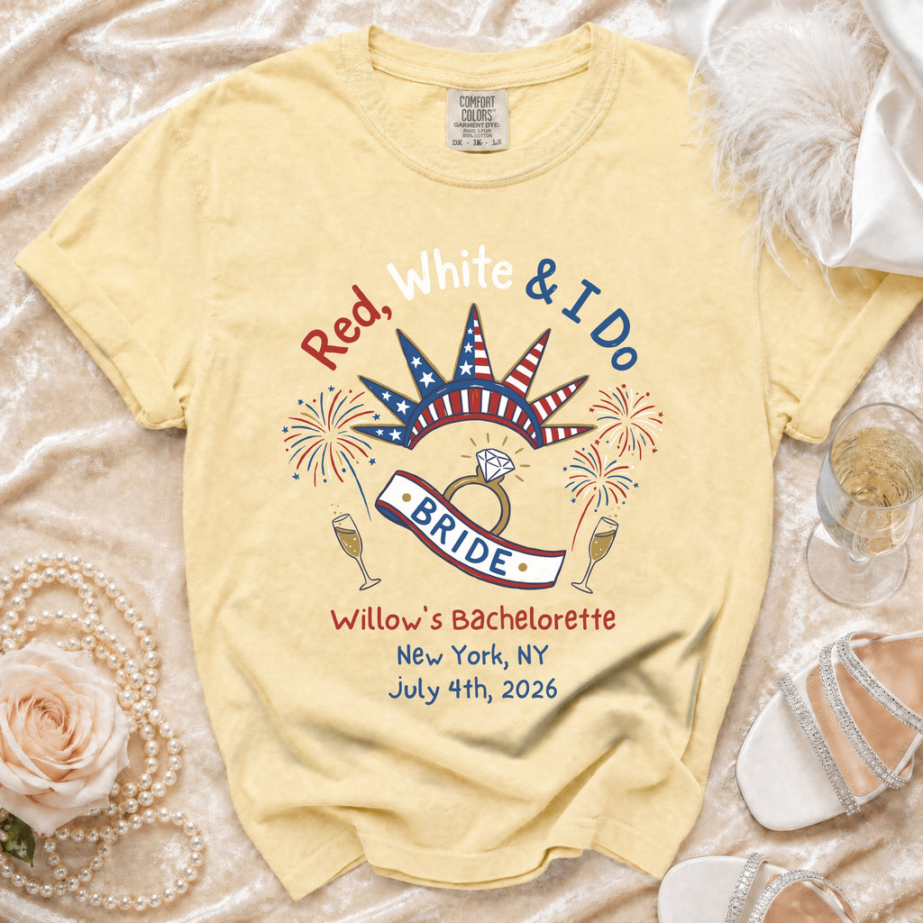 Yellow t-shirt with "Red, White & I Do" and bachelorette party details.