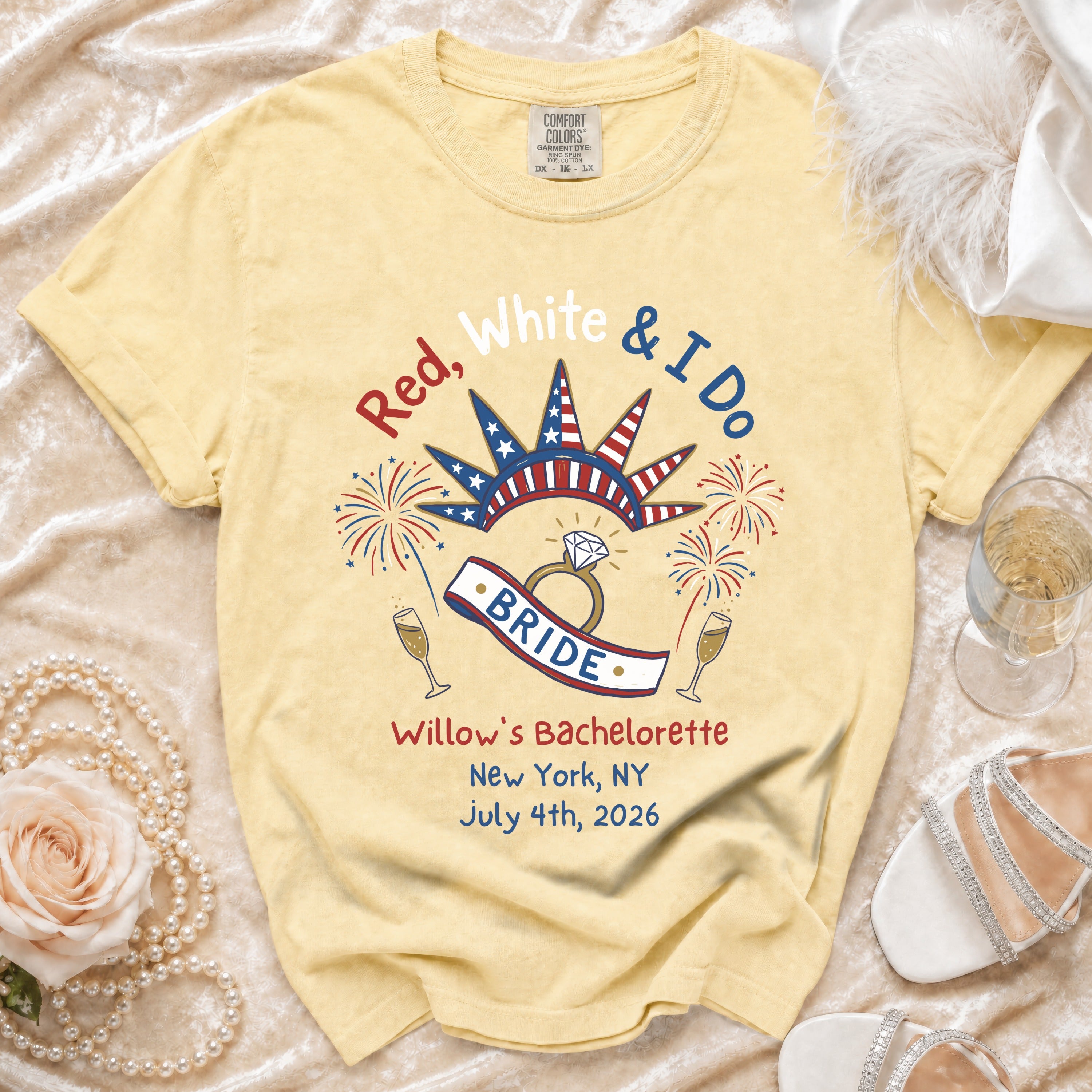Yellow t-shirt with "Red, White & I Do" and bachelorette party details.