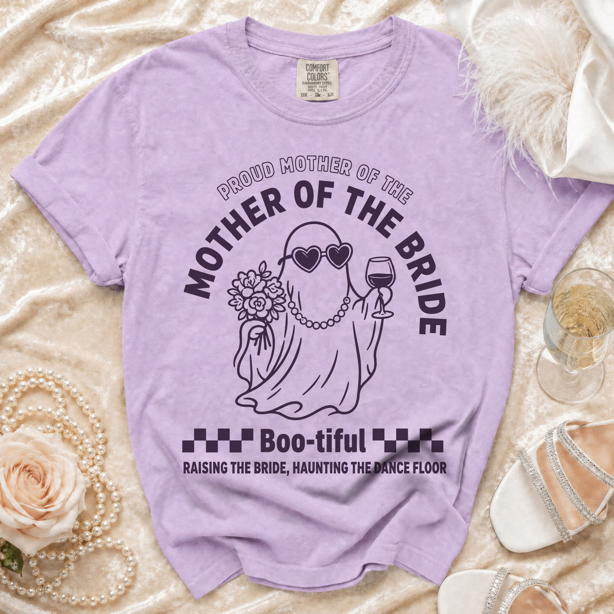 Purple t-shirt with ghost graphic: "Proud Mother of the Bride", "Boo-tiful".