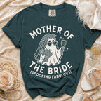Teal t-shirt with white ghost graphic and "Mother of the Bride (Spooking Fabulous)" text.