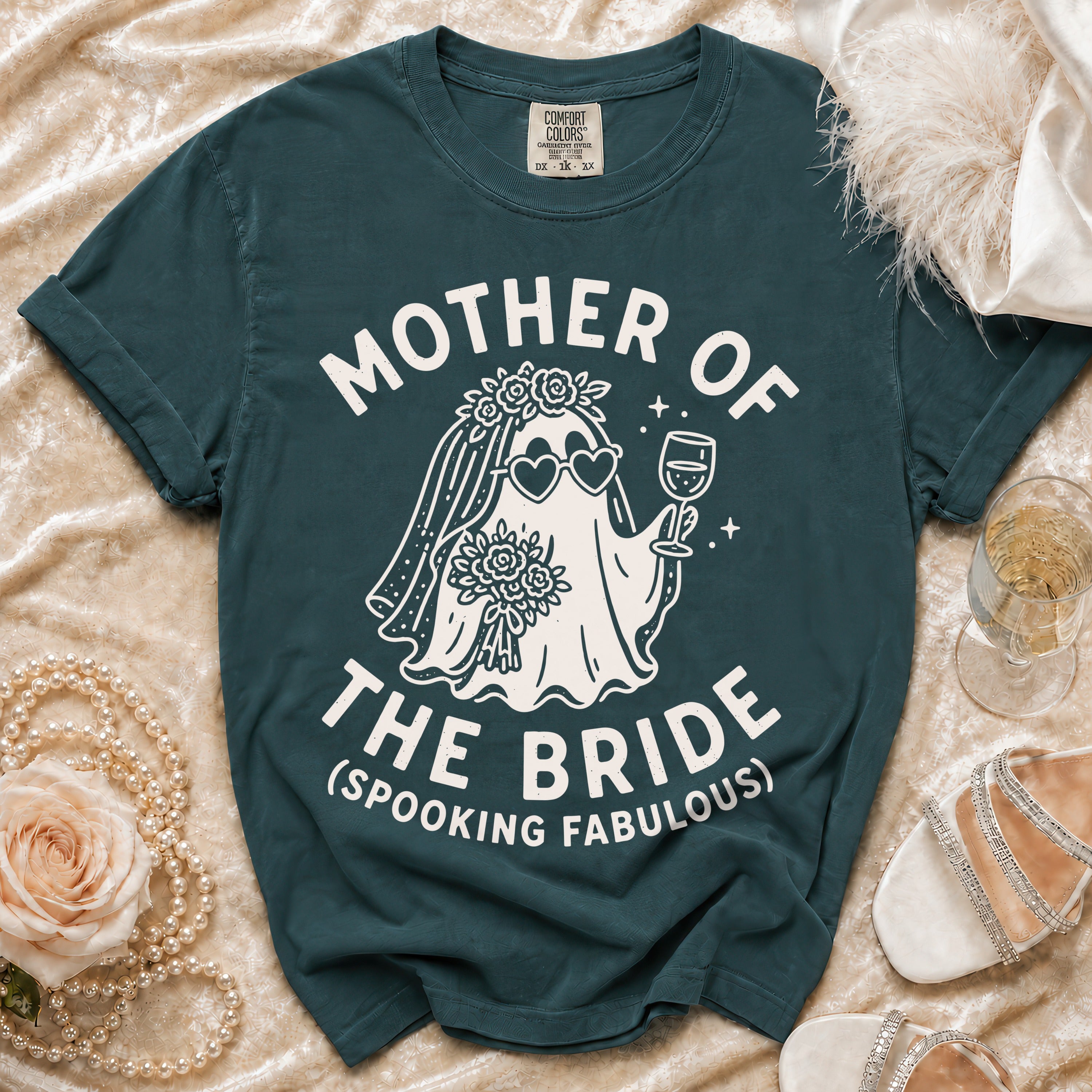 Teal t-shirt with white ghost graphic and "Mother of the Bride (Spooking Fabulous)" text.