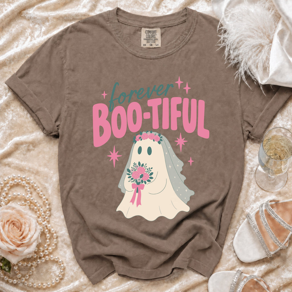 Brown Comfort Colors t-shirt with "forever BOO-TIFUL" and a bride ghost illustration.