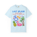 Light blue t-shirt with "Last Splash Sarah's Bach Malibu CA Summer 2026" and tropical graphics.