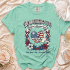 Red, white, and blue bachelorette tee for Willow's July 4th, 2026 New York wedding.