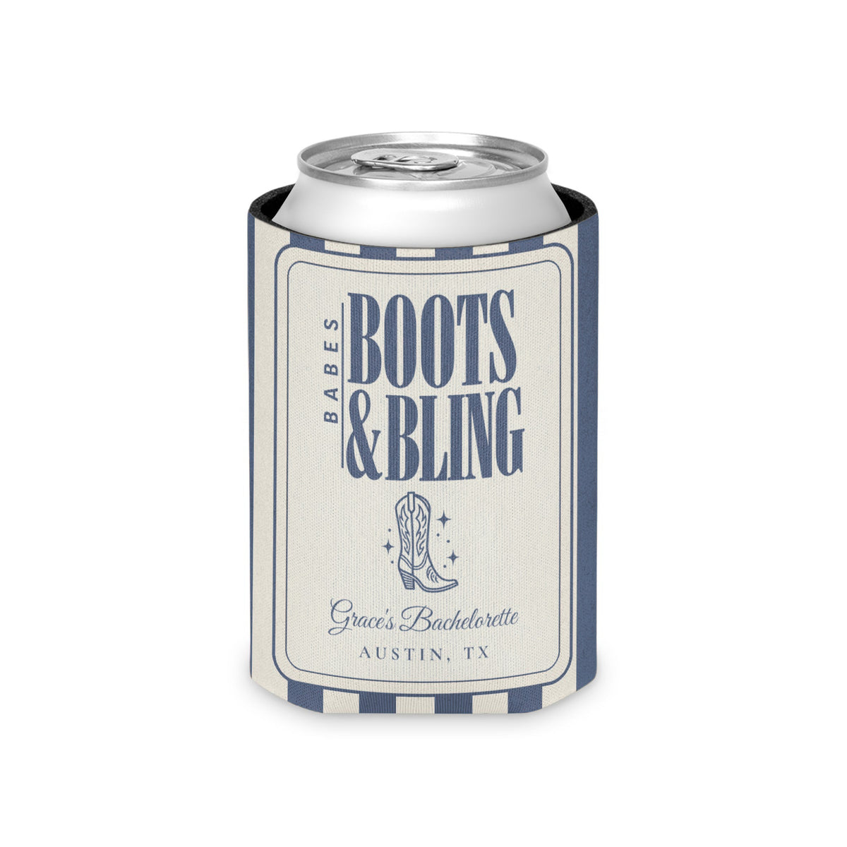 Boots & Bling striped can cooler, Blue Jean