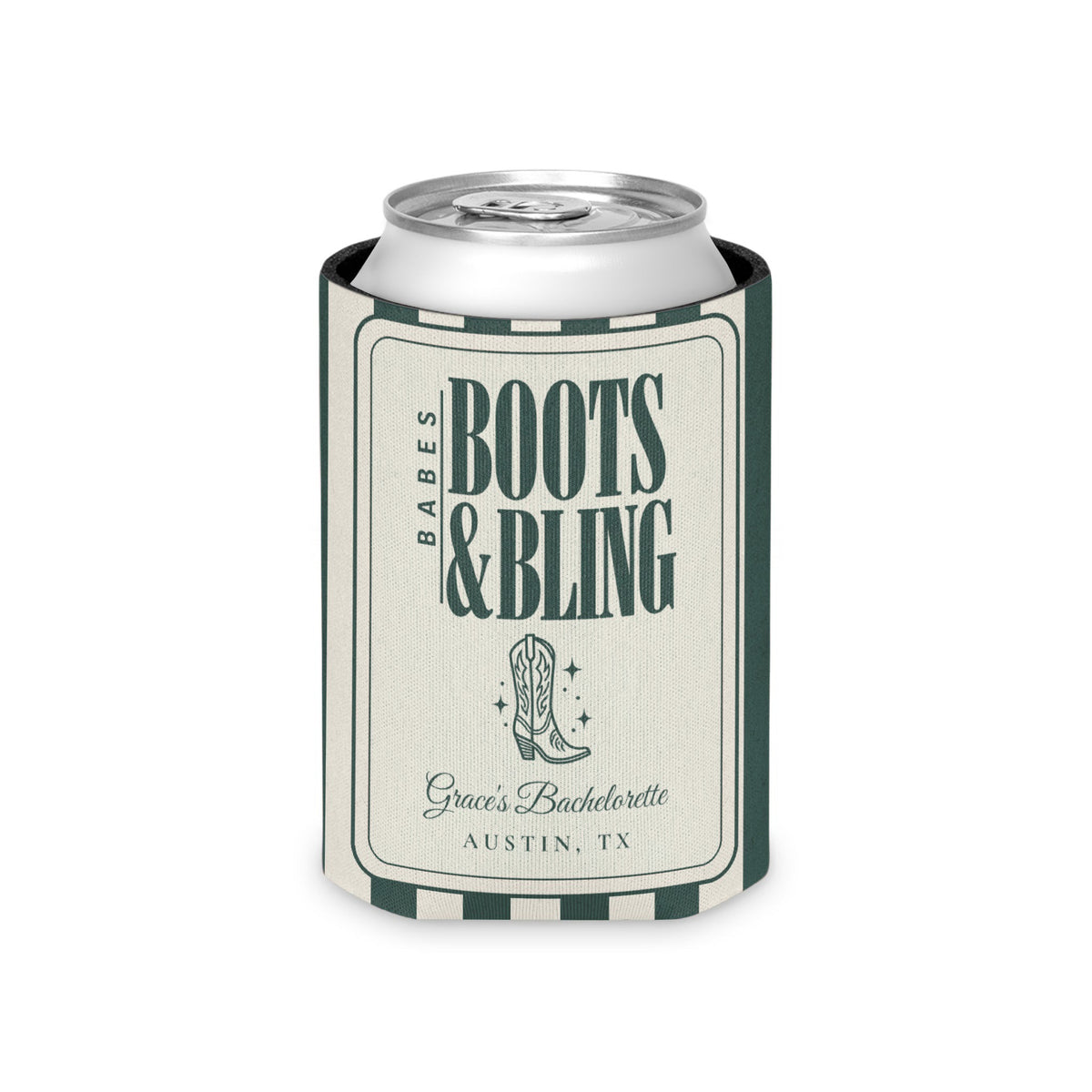 Boots & Bling striped can cooler, Blue Spruce