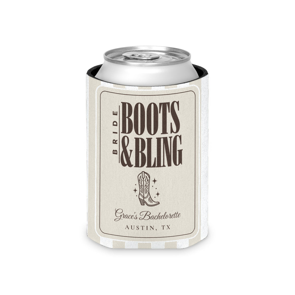Boots & Bling striped can cooler, Bride