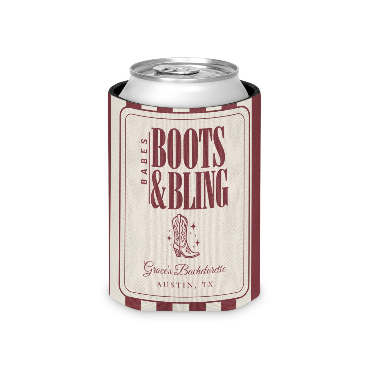 Boots & Bling striped can cooler, Chili
