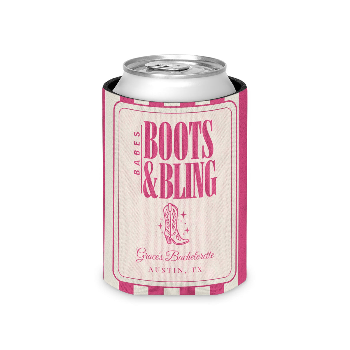 Boots & Bling striped can cooler, Crunchberry