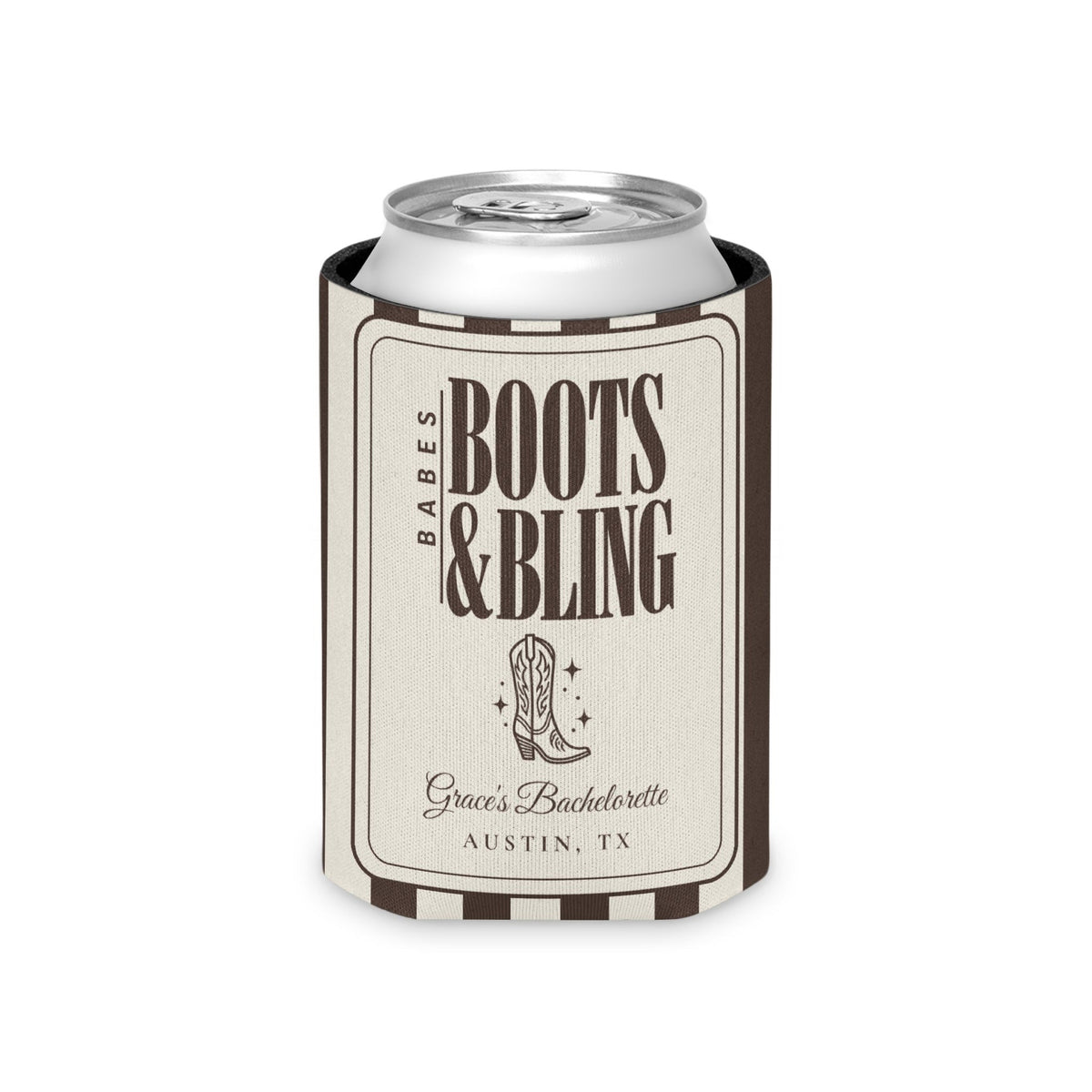 Boots & Bling striped can cooler, Espresso