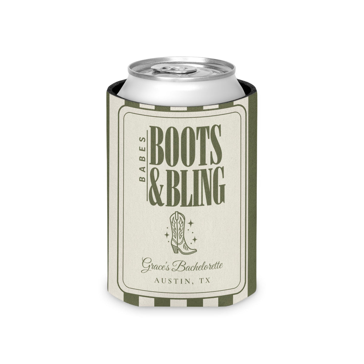 Boots & Bling striped can cooler, Moss