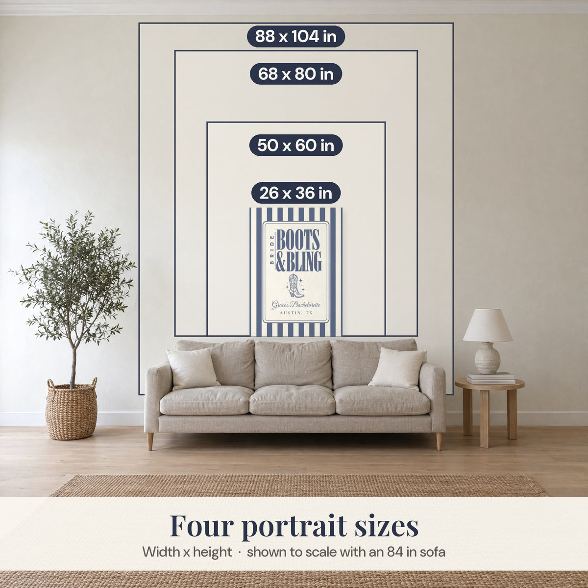 Portrait sizes over an 84 in sofa