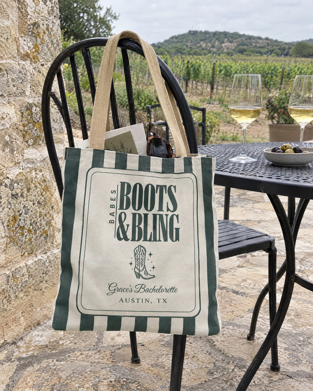 Boots & Bling striped tote bag on a bachelorette trip with the crew