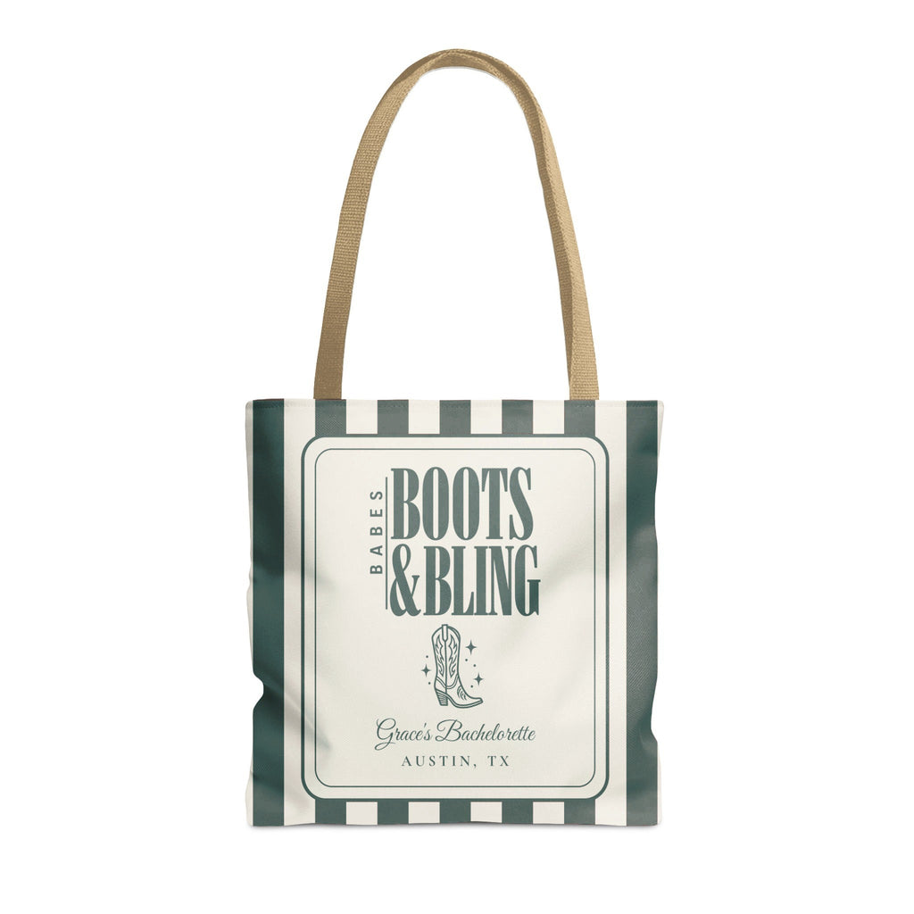 Boots & Bling striped tote bag, Blue Spruce