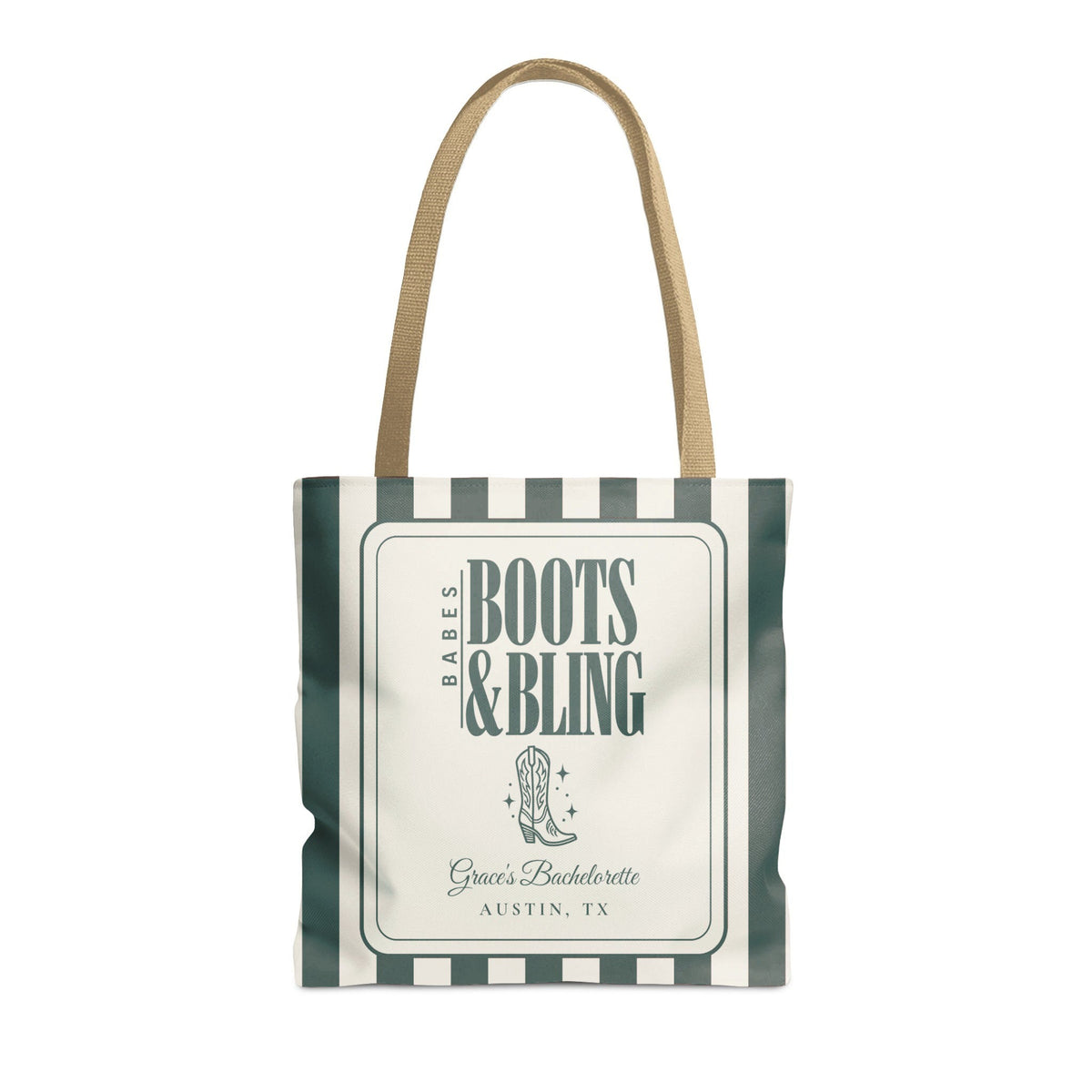 Boots & Bling striped tote bag, Blue Spruce