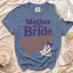 Blue t-shirt with "Mother of the Bride Boo-tifully Handling It!" and ghost graphic.
