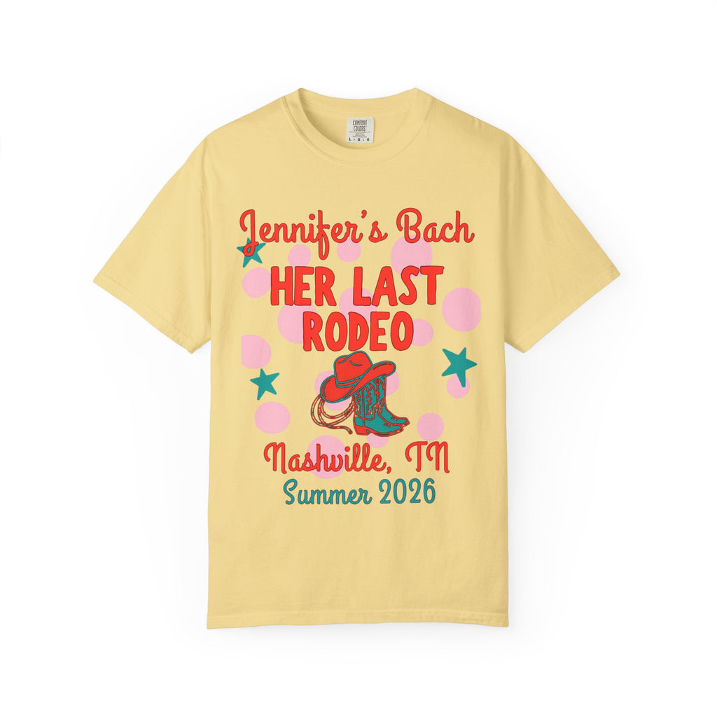 Jennifer's Last Rodeo Nashville TN Summer 2026 text and graphics on a yellow t-shirt.