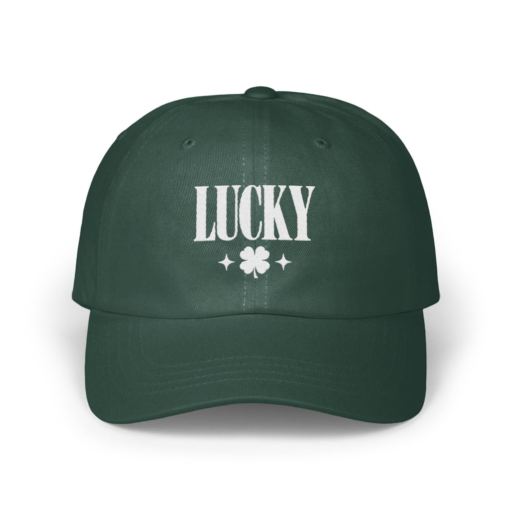 Dark green baseball cap with white embroidered text reading LUCKY above a four-leaf clover and two small stars.