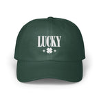 Dark green baseball cap with white embroidered text reading LUCKY above a four-leaf clover and two small stars.