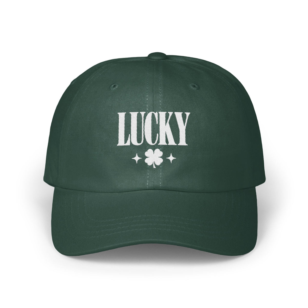 Dark green baseball cap with white embroidered text reading LUCKY above a four-leaf clover and two small stars.
