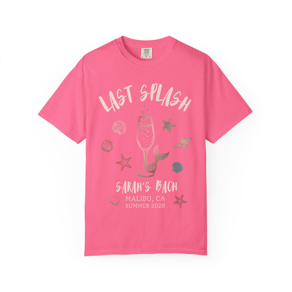 Pink t-shirt with "Last Splash Sarah's Bach" text and beach-themed graphics.