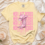 Yellow t-shirt with pink cowboy boot and "Her Last Rodeo Jennifer's Bach Nashville, TN Summer 2026".