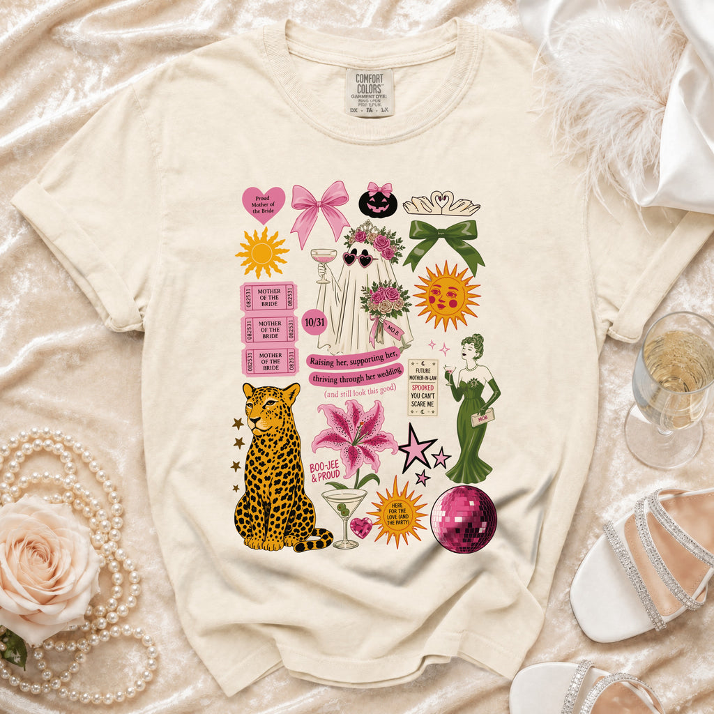 Cream t-shirt with various wedding and Halloween themed graphics including a ghost, leopard, and text.