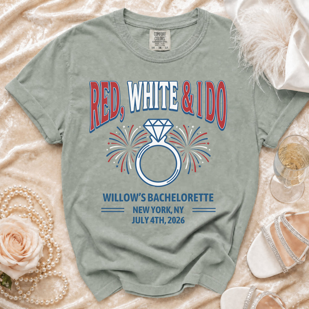 Red, White & I Do bachelorette t-shirt with ring, fireworks, and event details.