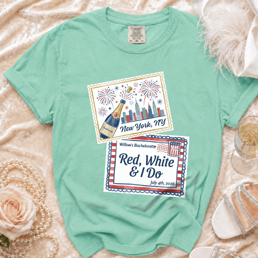 Mint green t-shirt with New York skyline and bachelorette party text.