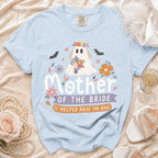 Light blue shirt with ghost graphic saying "Mother of the Bride (I Helped Raise the Boo)".