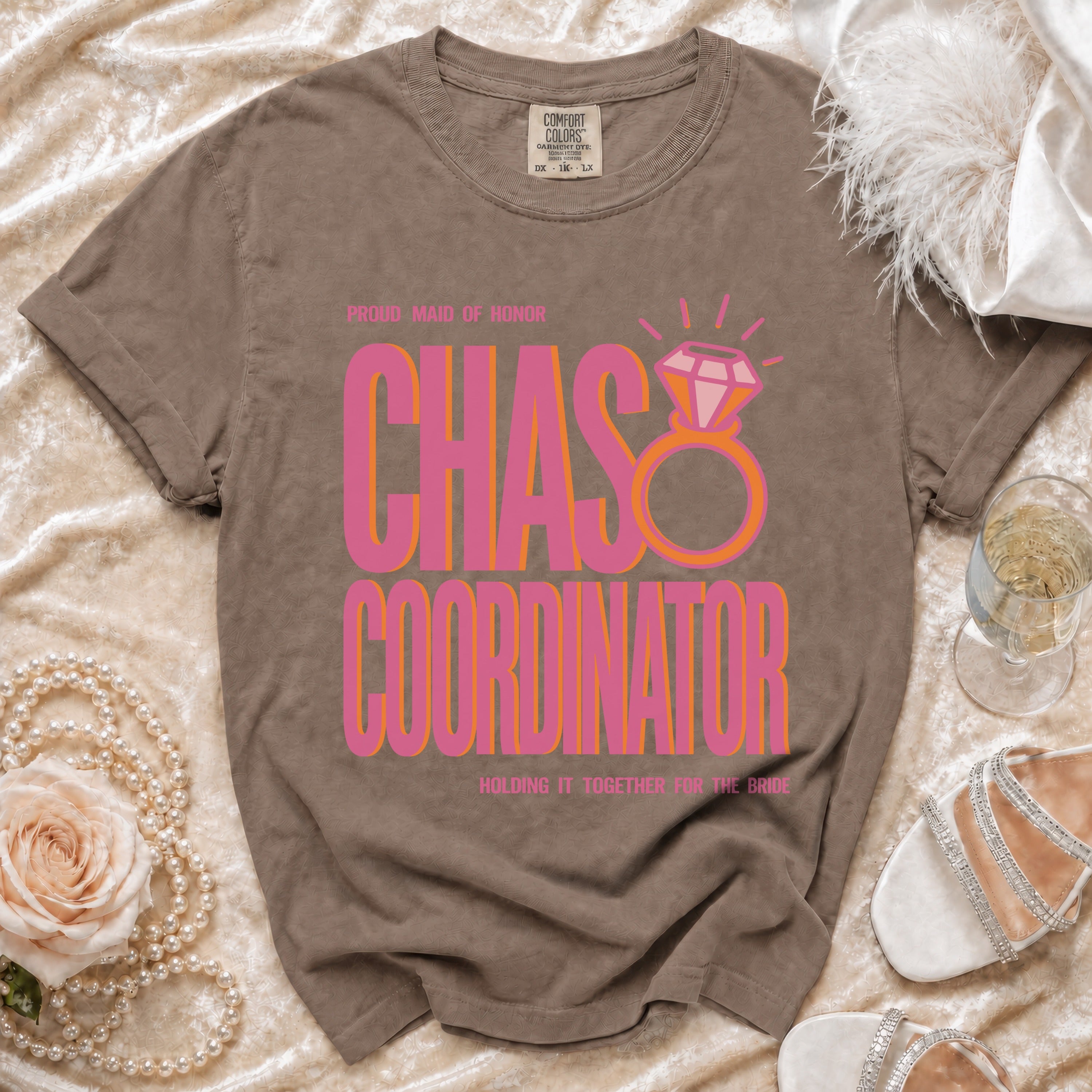 Proud Maid of Honor Chaos Coordinator t-shirt with diamond ring graphic.