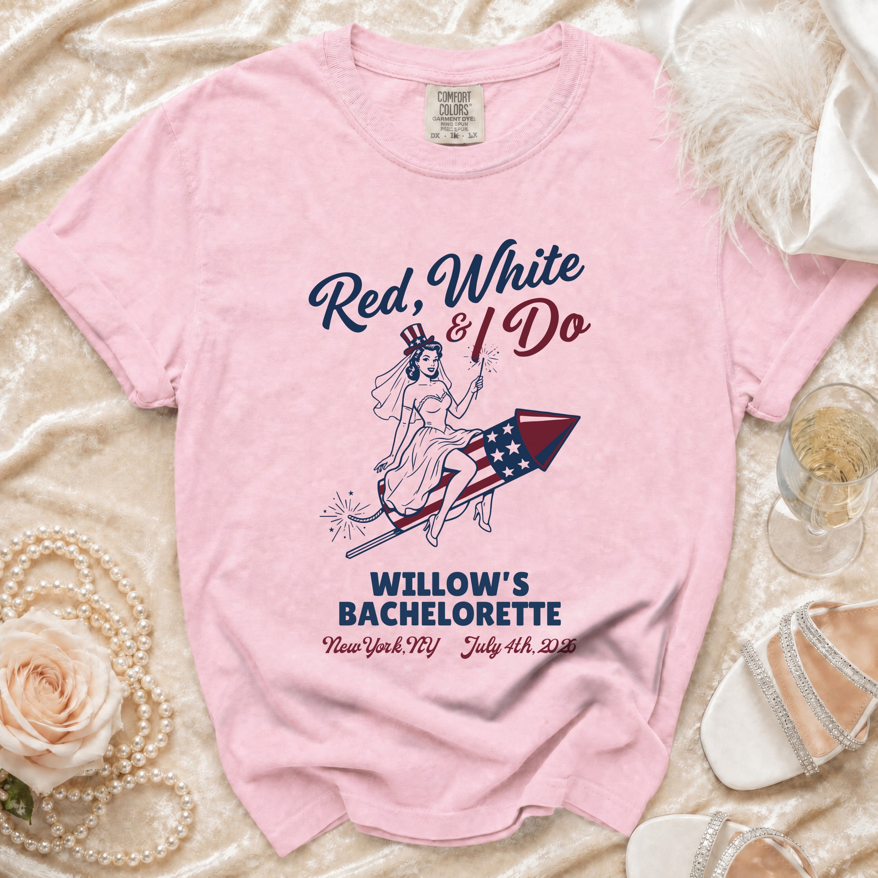 Pink t-shirt with "Red, White & I Do" and bachelorette details.