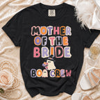 Black t-shirt with "Mother of the Bride Boo Crew" text and ghost graphic.